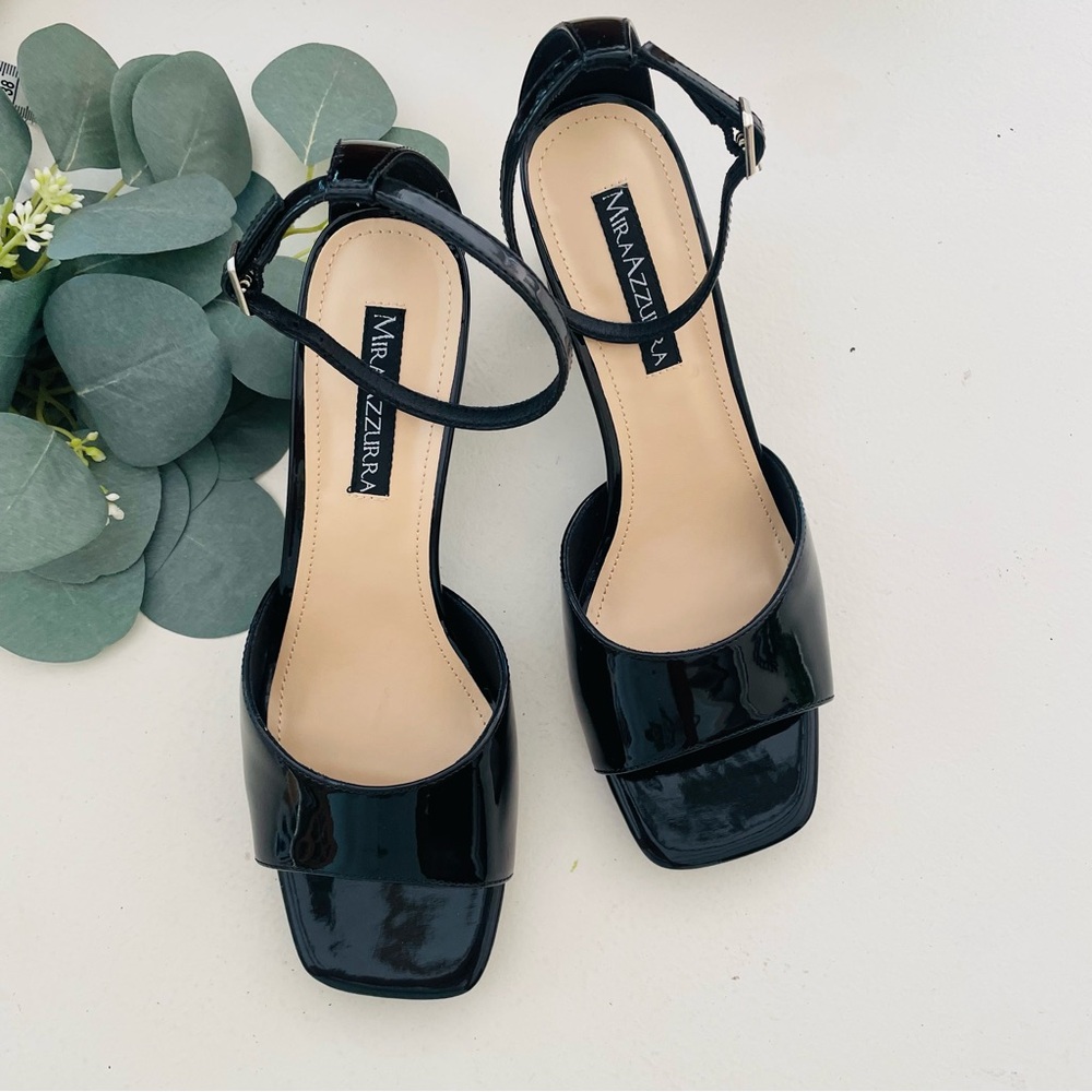 MIRAAZZURRA Patent Peep Toe Ankle Strap Chunky Heels